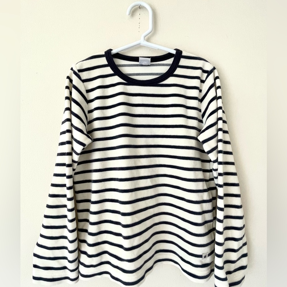 Petit Bateau uni-sex long sleeve velour stripe top, 8 years old